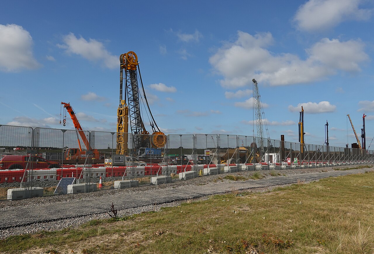 Cranes and piling equipment at the Sizewell C construction site